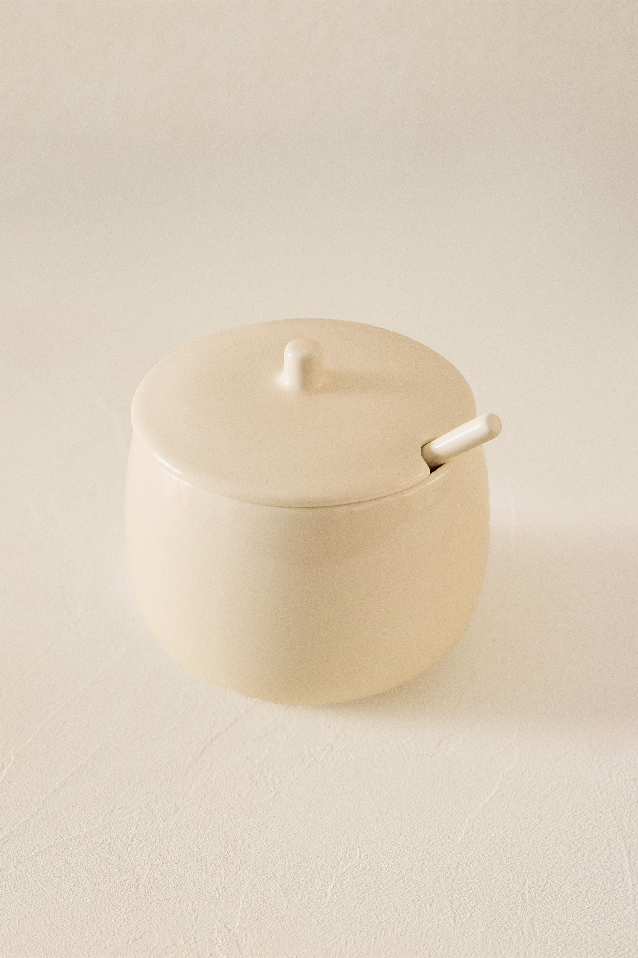 PLAIN STONEWARE SUGAR BOWL WITH SPOON